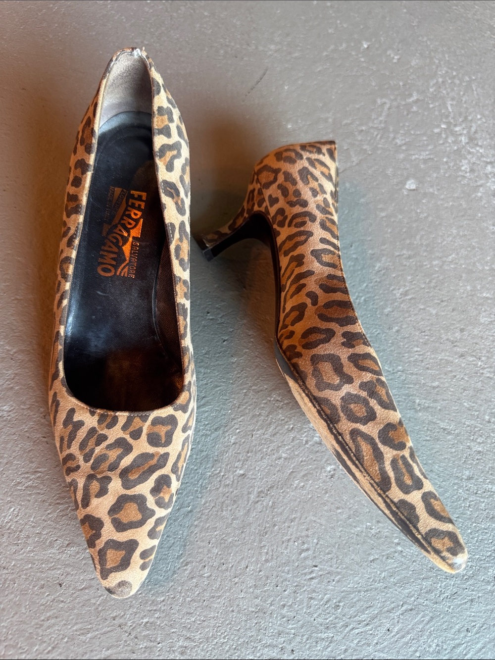 Salvatore Ferragamo Leopard Print Pointed Toe Kitten Heels